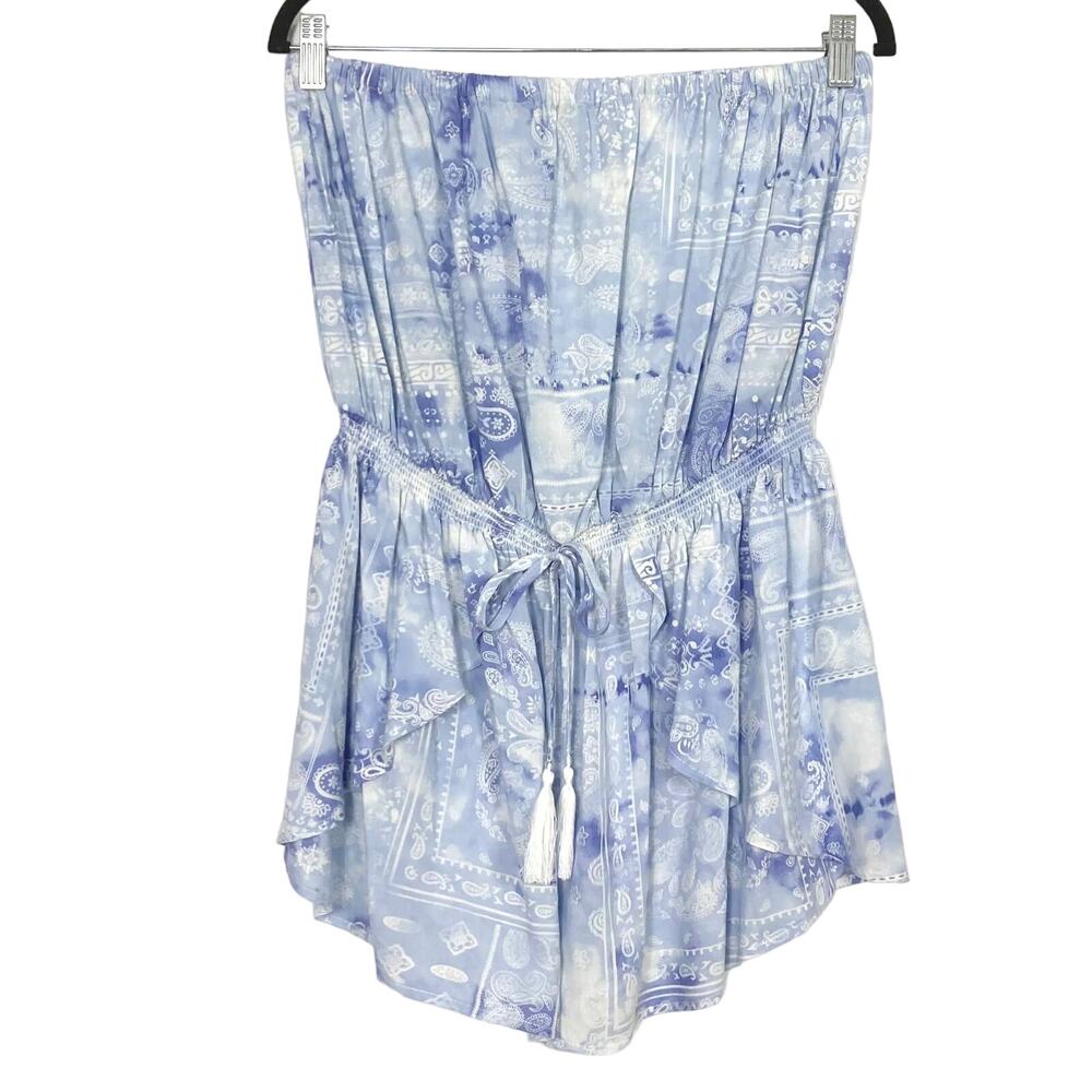 NWT OCEAN DRIVE Romper M Paisley Floral Blue Bow Tassels Curve-Hem Strapless